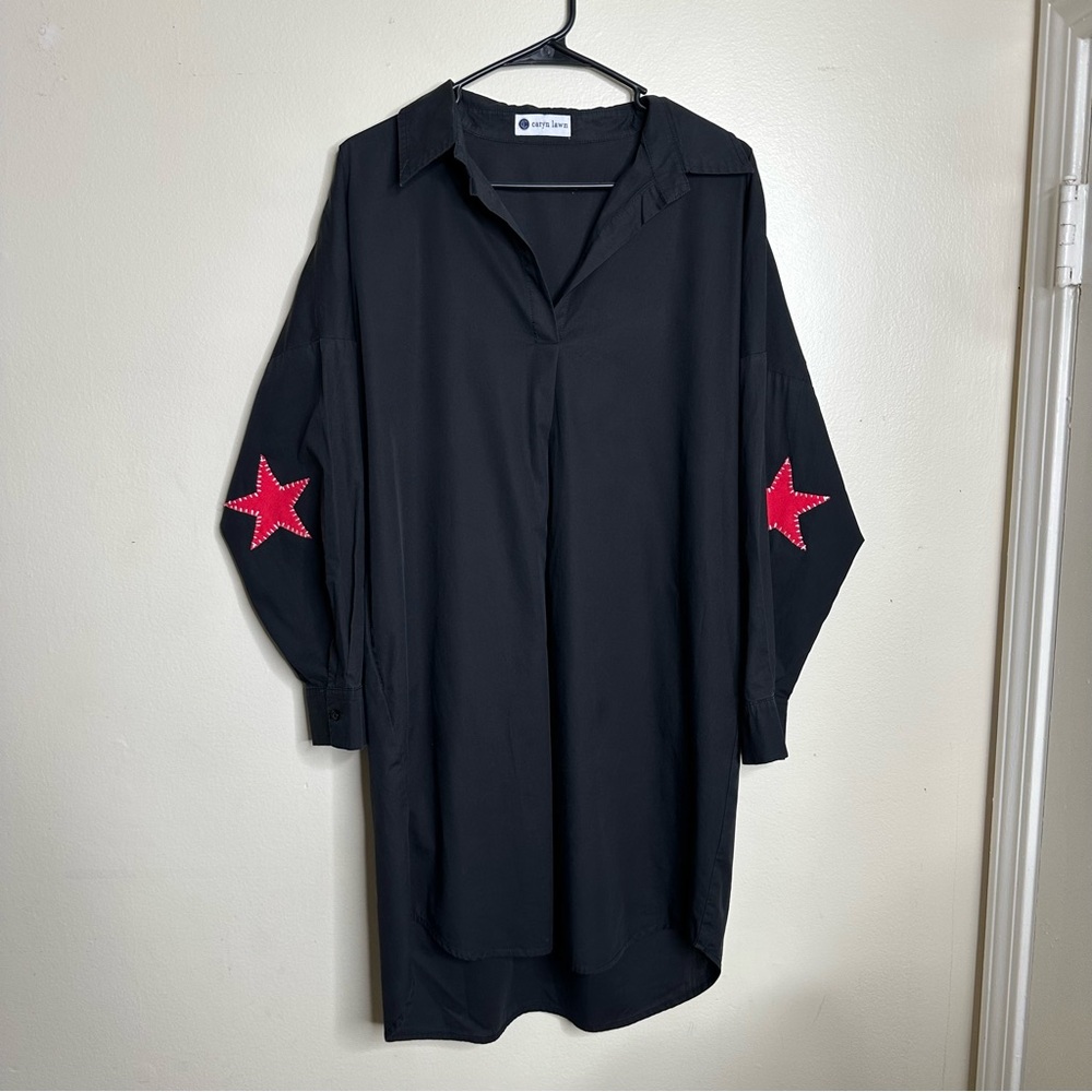 Caryn Lawn Preppy Star Black Tunic Dress with Red Star Accents OSFM One Size‎